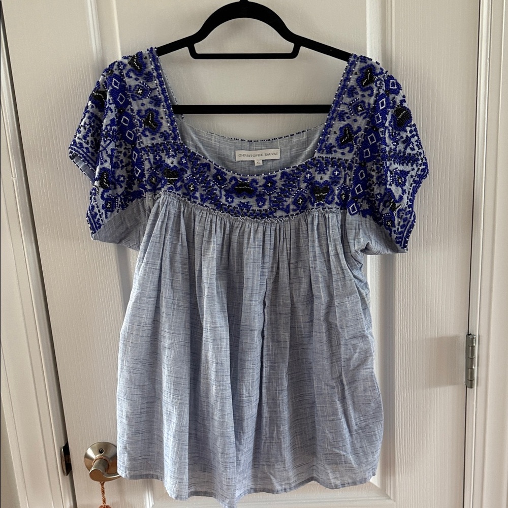 Chic Blue and Gray Embroidered Blouse